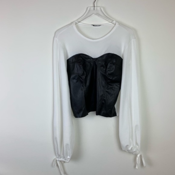 Zara | Tops | Zara Vegan Leather Corset Mesh Sleeve Top Medium | Poshmark